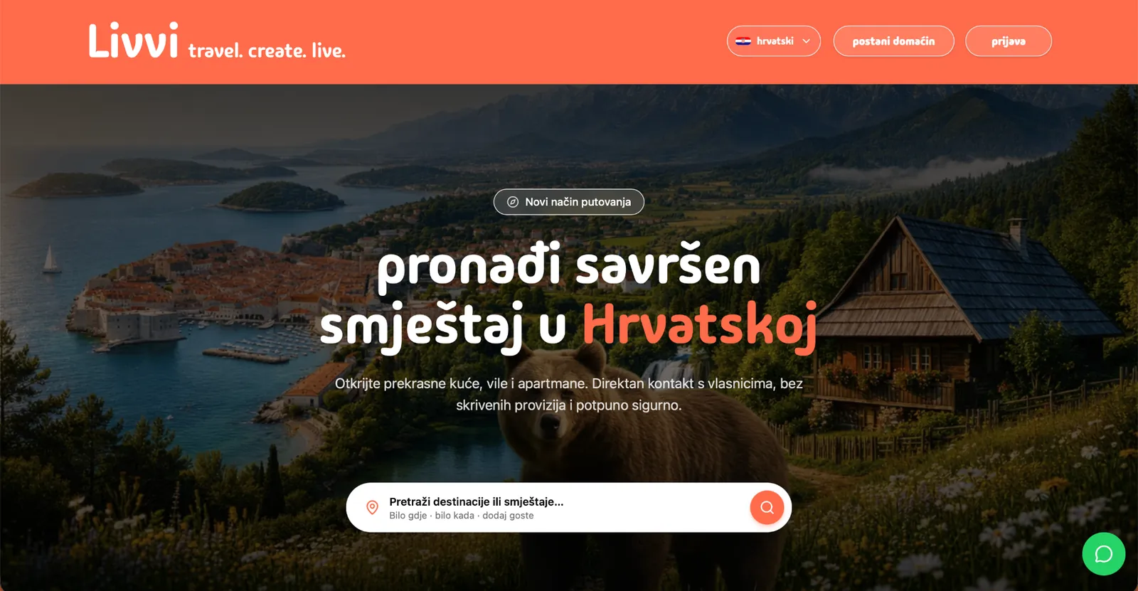 Livvi naslovna stranica za goste s pretragom smještaja u Hrvatskoj