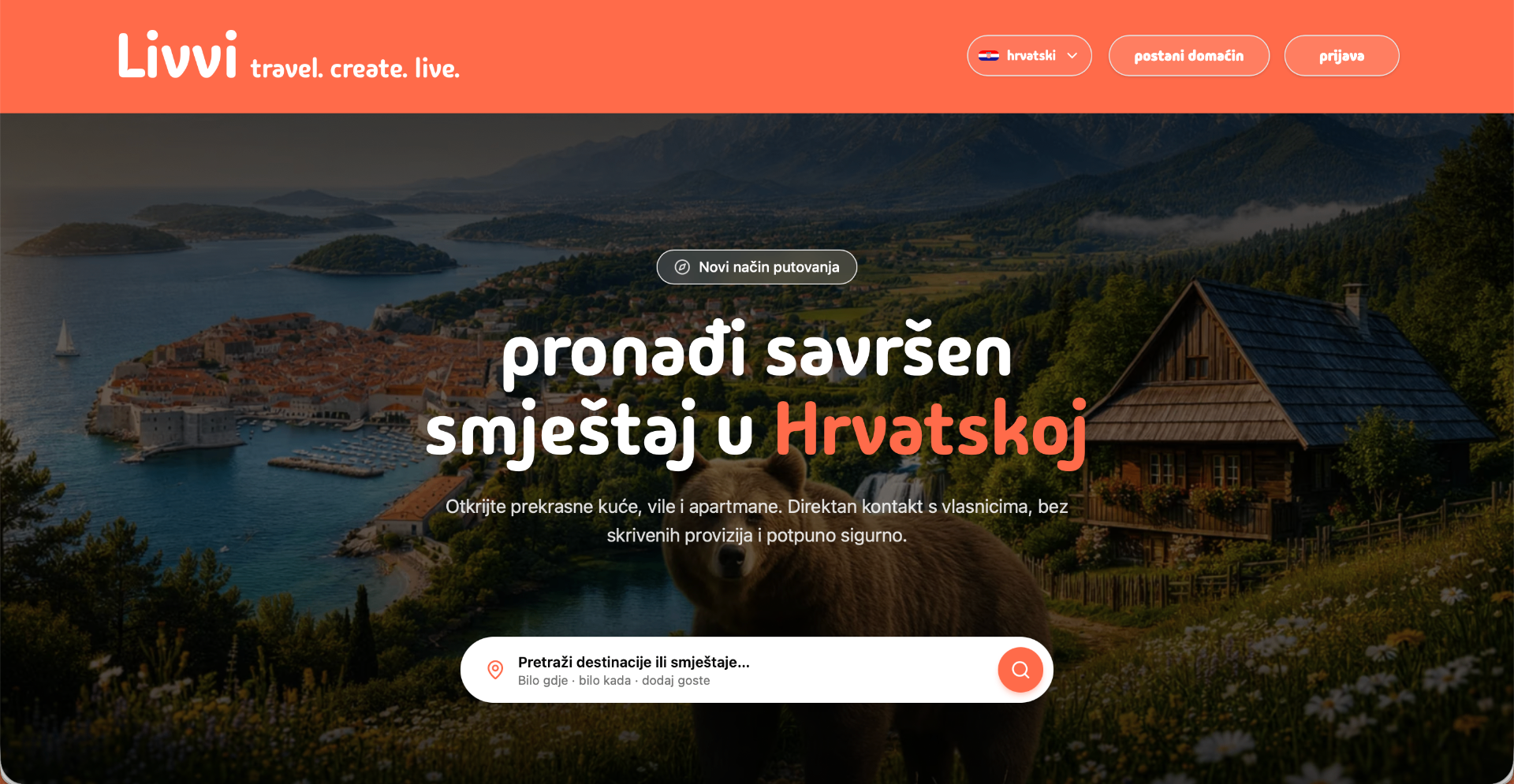 Livvi naslovna stranica za goste s pretragom smještaja u Hrvatskoj